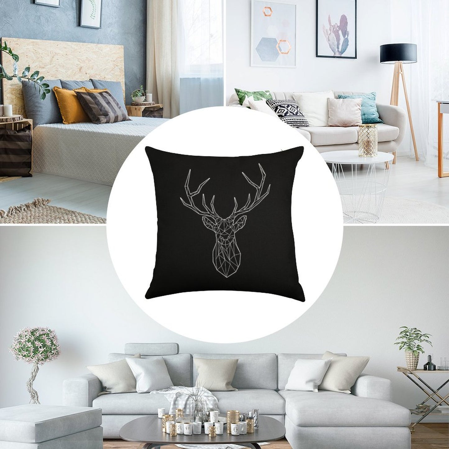 Geometric Stag - BLACK Linen Throw Pillow Cover