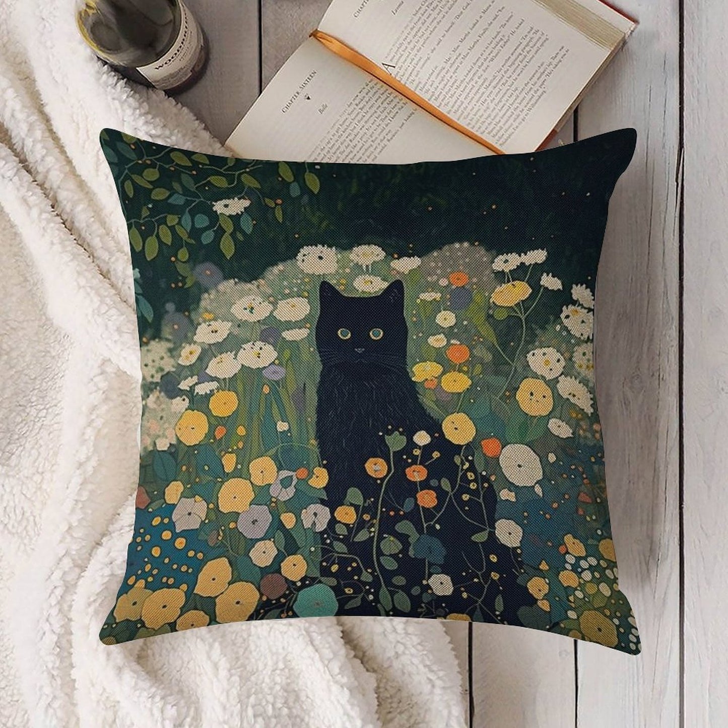 Cat in Klimt Garden Inspiration Linen Throw Pillow Cover