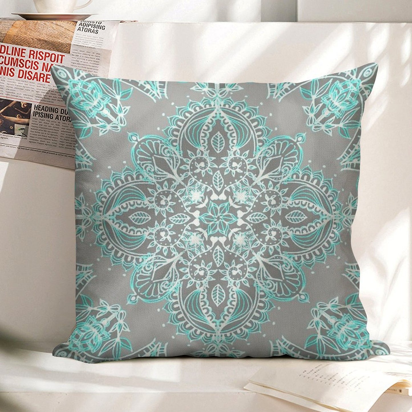 Teal And Aqua Lace Mandala on Grey Linen Throw Pillow Cover