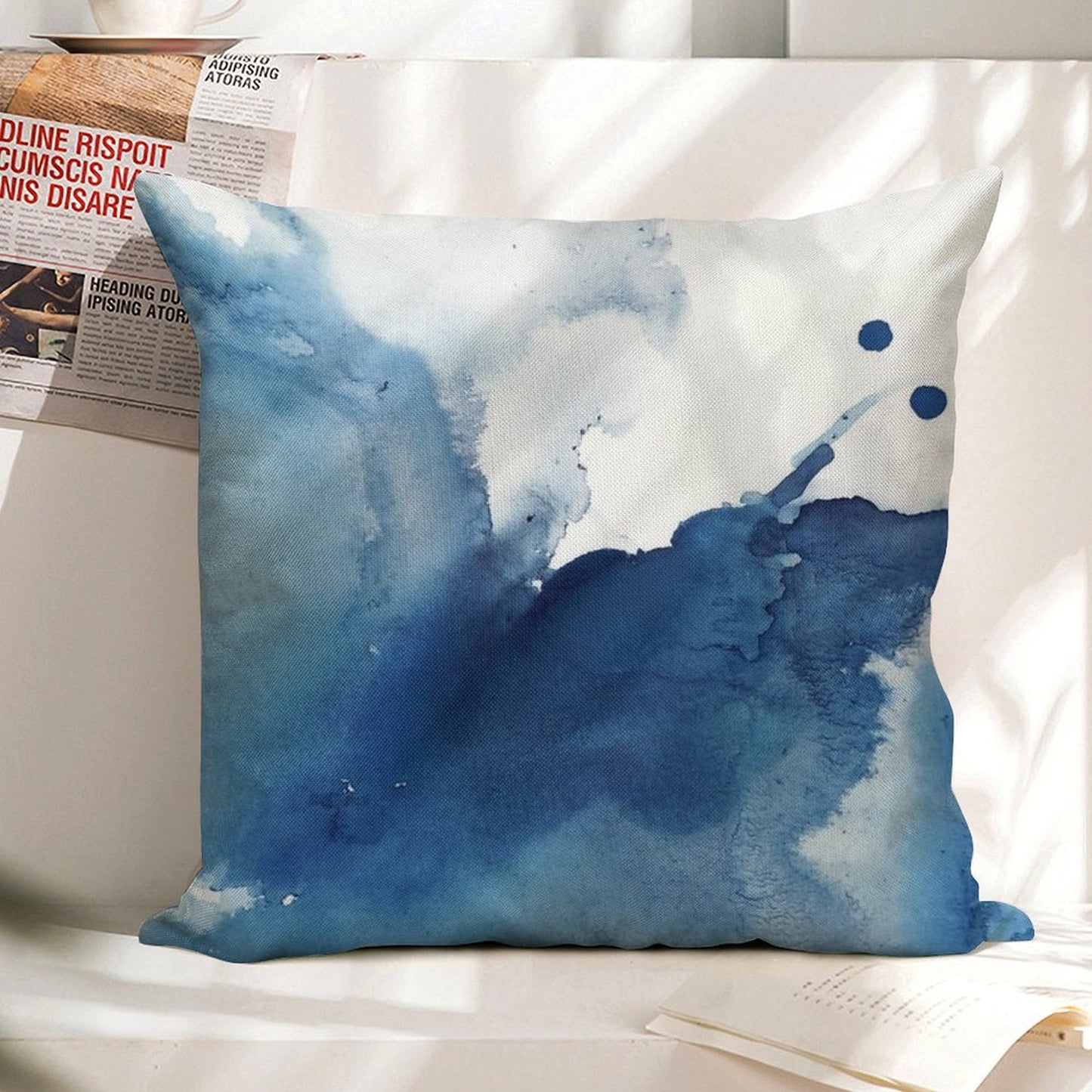 Indigo Blue Sea, Abstract Ink Painting Linen Throw Pillow Cover