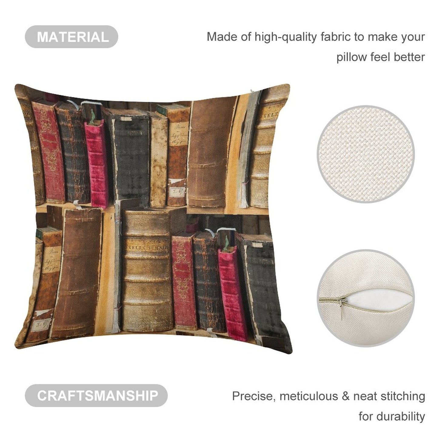 Bookworm Vintage Books in Bookshelf Linen Throw Pillow Cover