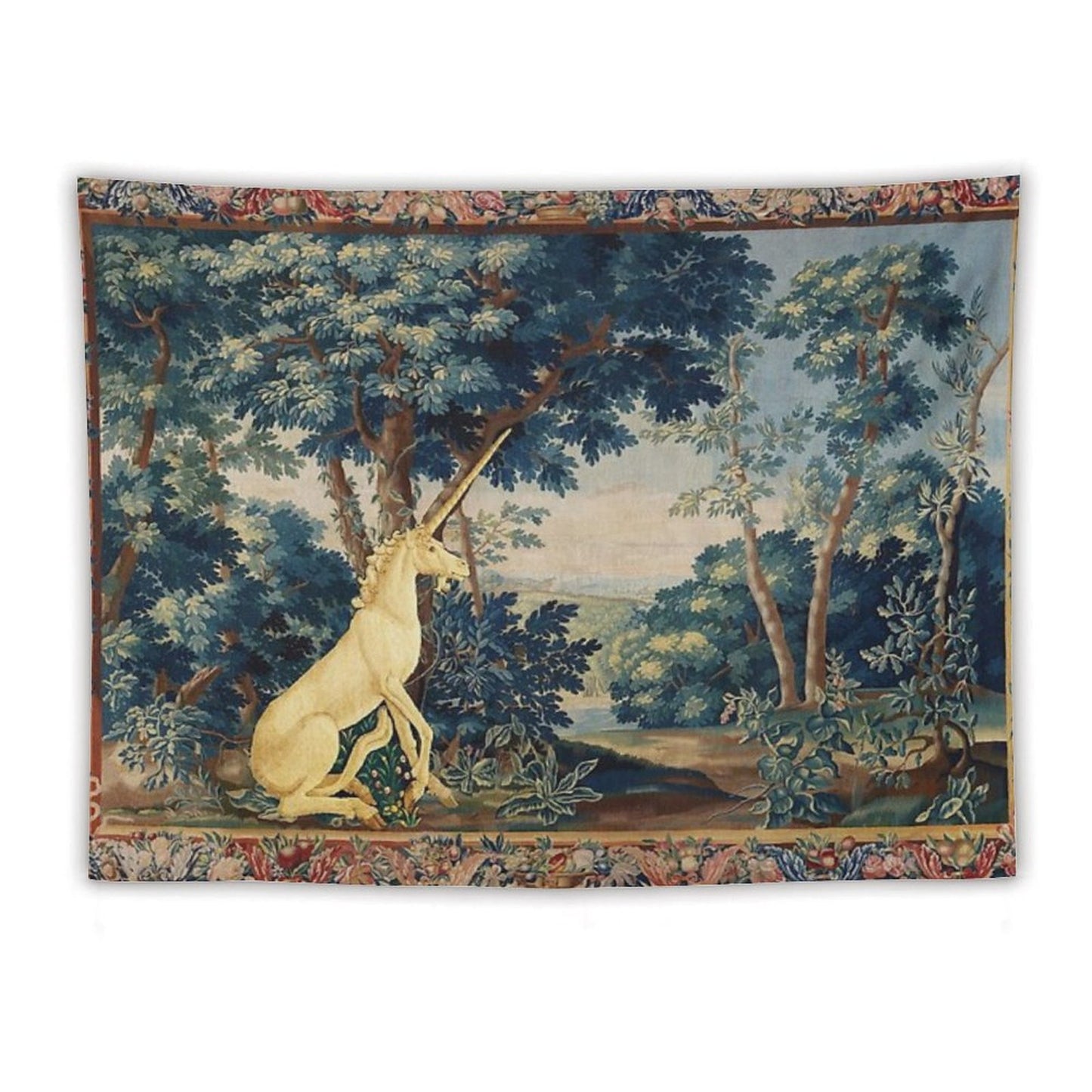 UNICORN IN WOODLAND LANDSCAPE AMONG GREENERY AND TREES Tapestry