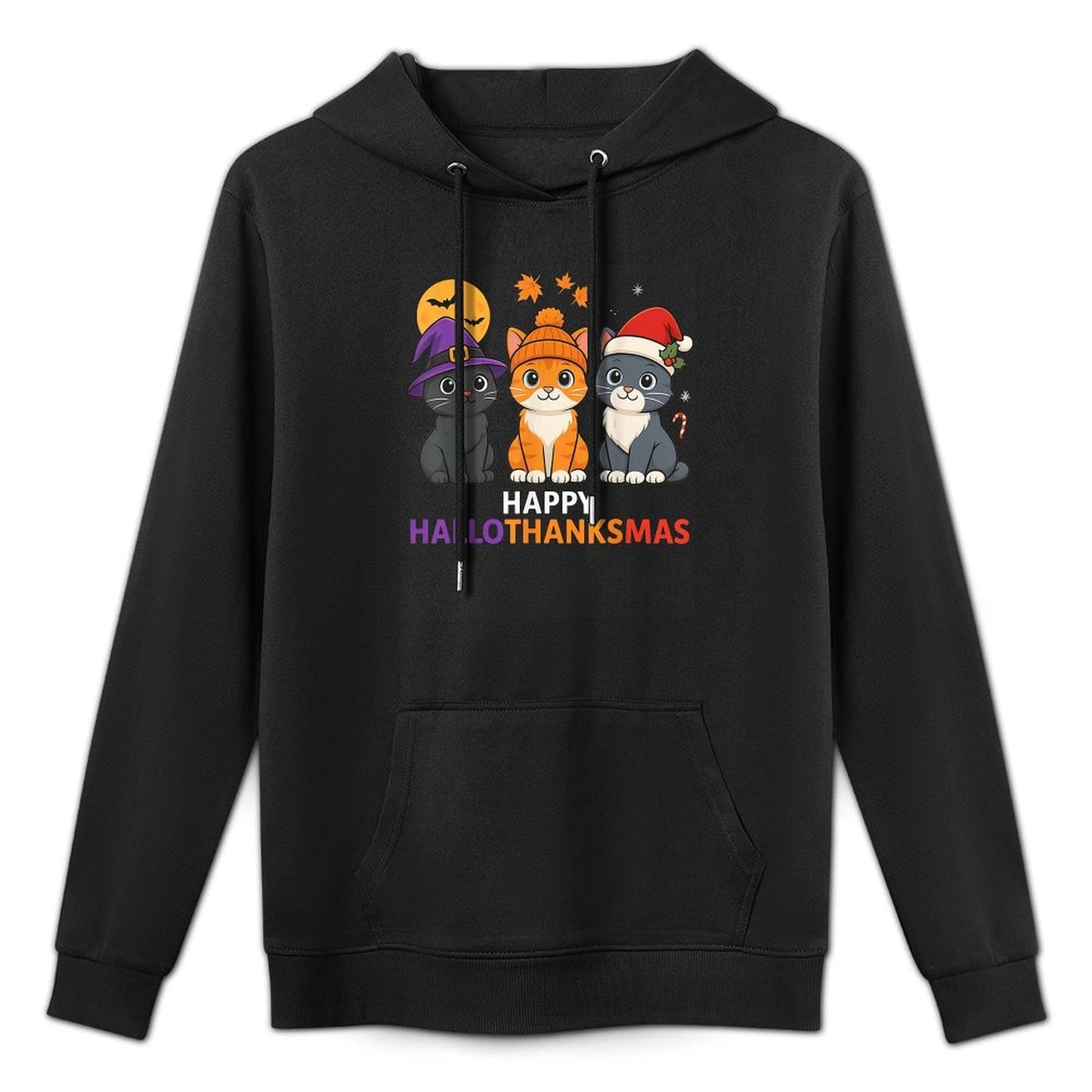 Cat Halloween Christmas Happy Hallothanksmas Thanksgiving Kangaroo Pocket Hoodie