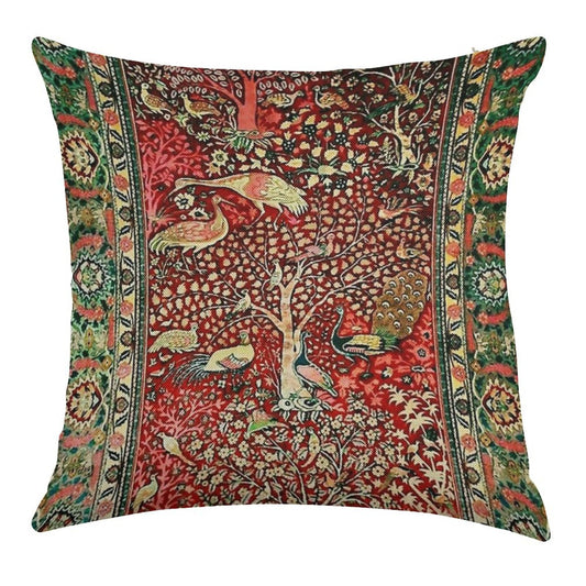 Antique Persian Rug Bird Tree Flowers Ca. 1600 Print Linen Throw Pillow Cover