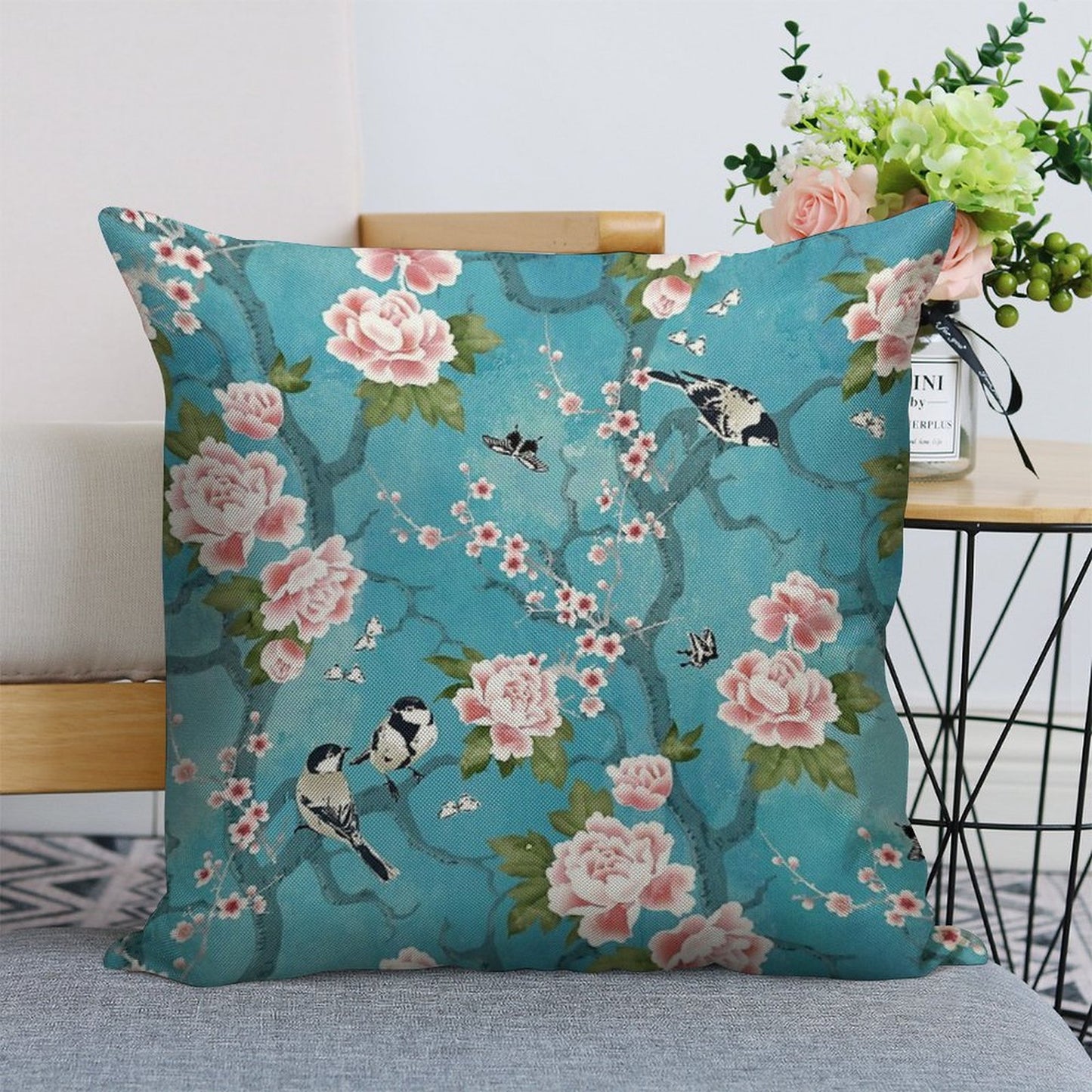 Chinoiserie Birds in Turquoise Blue Linen Throw Pillow Cover