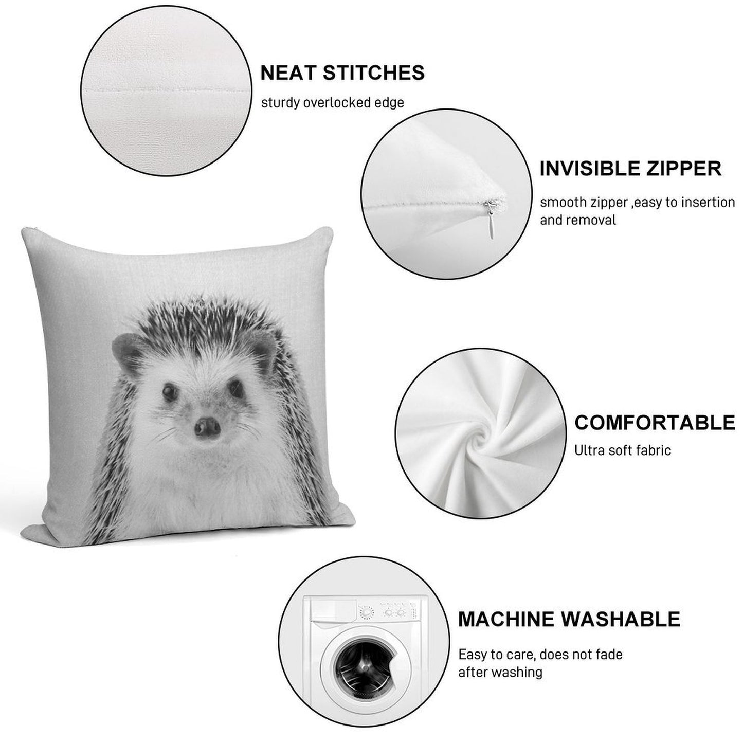 Hedgehog - Black & White Soft Luxury Feel Throw Pillow