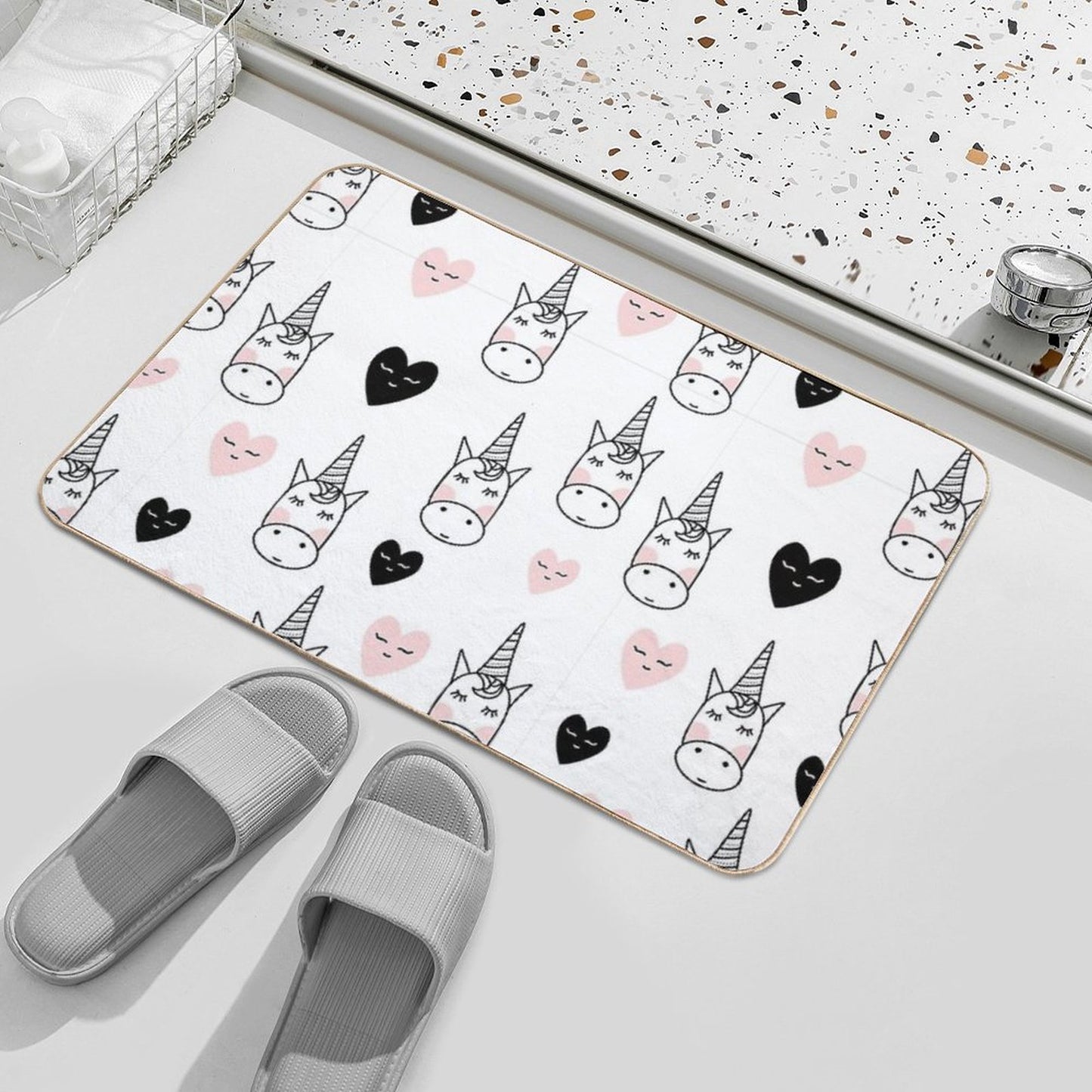 Lovely Unicorns And Hearts - Pink, Black, Grey Gray Bath Mat