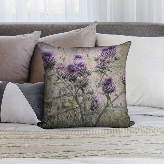 Purple Thistle Flowers with Yellow Daisies. Soft Reinforced Edging Throw Pillow