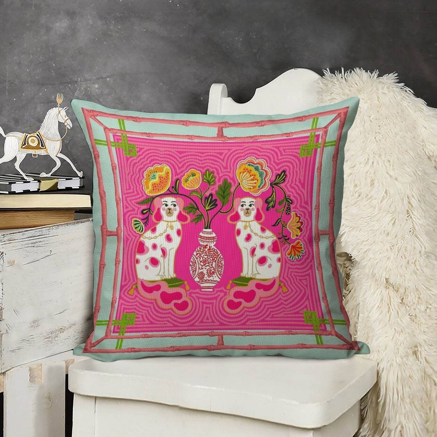 Chinoiserie Staffordshire Pink And Coral Linen Throw Pillow Cover