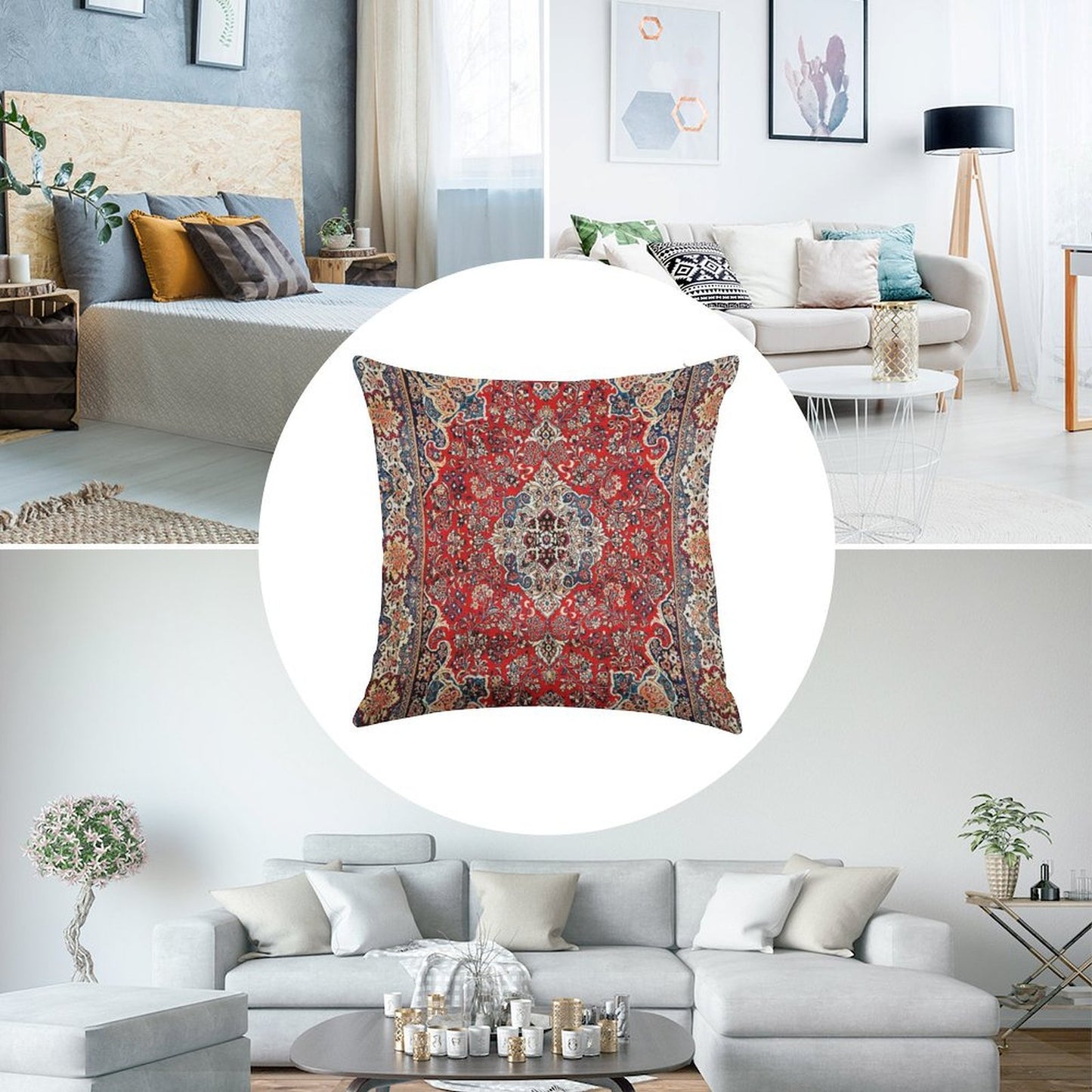 Red Blue Sarouk Persian Carpet Print Linen Throw Pillow Cover