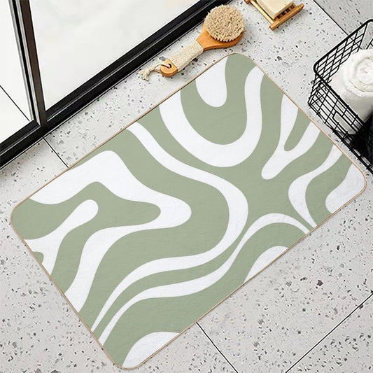 Retro Modern Liquid Swirl Abstract Pattern Square in Sage Green And White Bath Mat