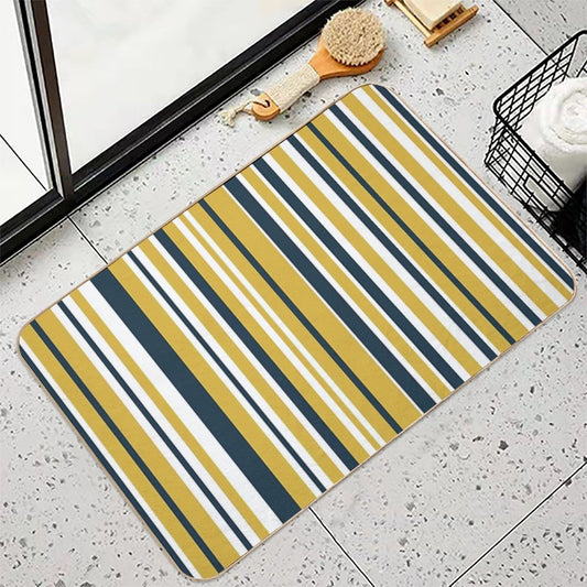 Mustard Yellow Navy Blue And White Stripes Minimalist Color Block Pattern Bath Mat
