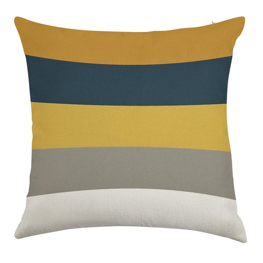 Broad Stripes Pattern in Light And Dark Mustard Yellow, Grey, White, And Navy Blue Linen Throw Pillow Cover