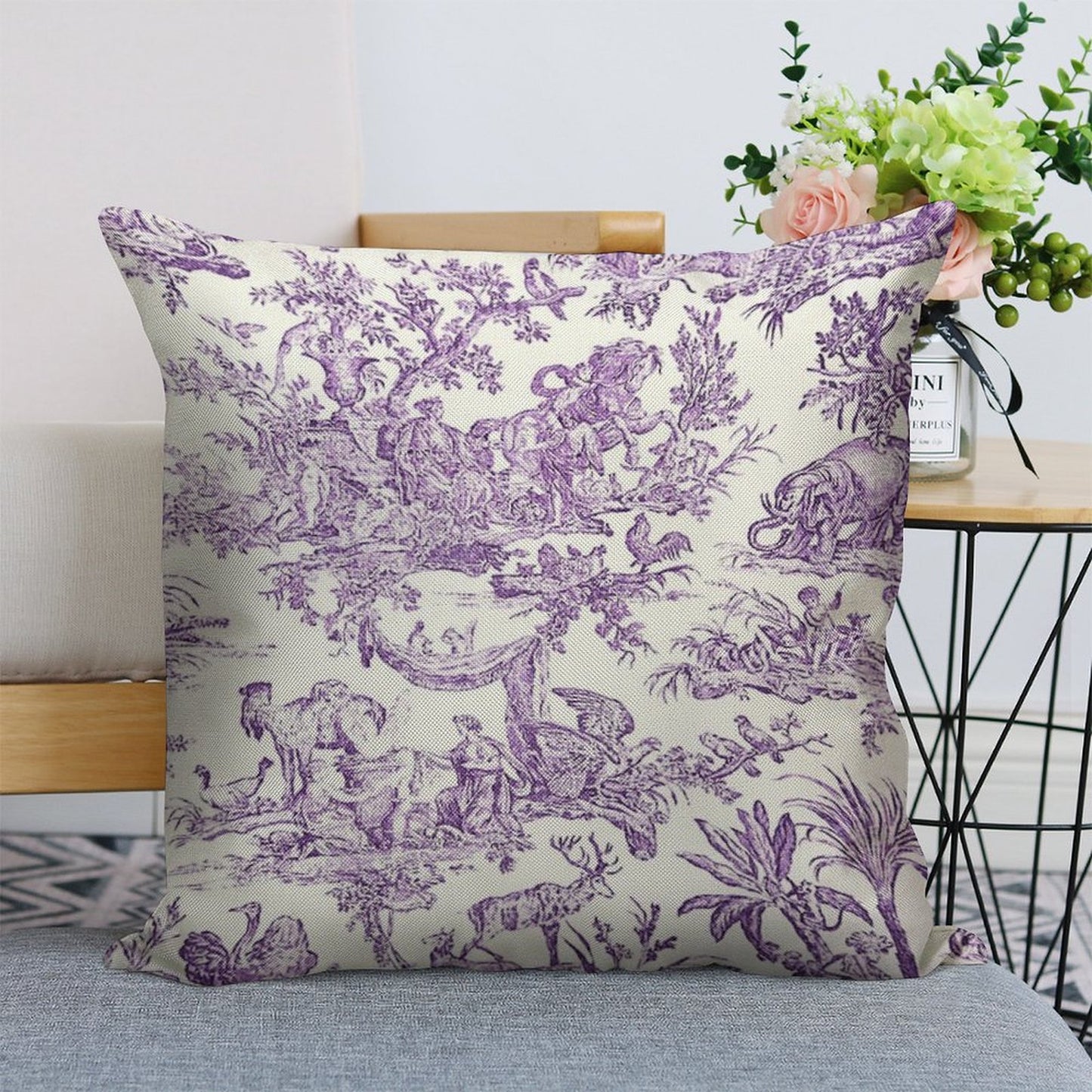 Purple Toile - French Countryside - English Linen Throw Pillow Cover