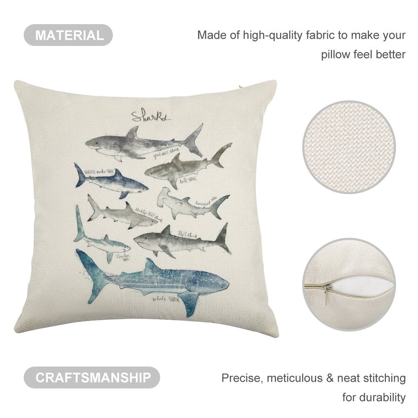 Sharks Linen Throw Pillow Cover