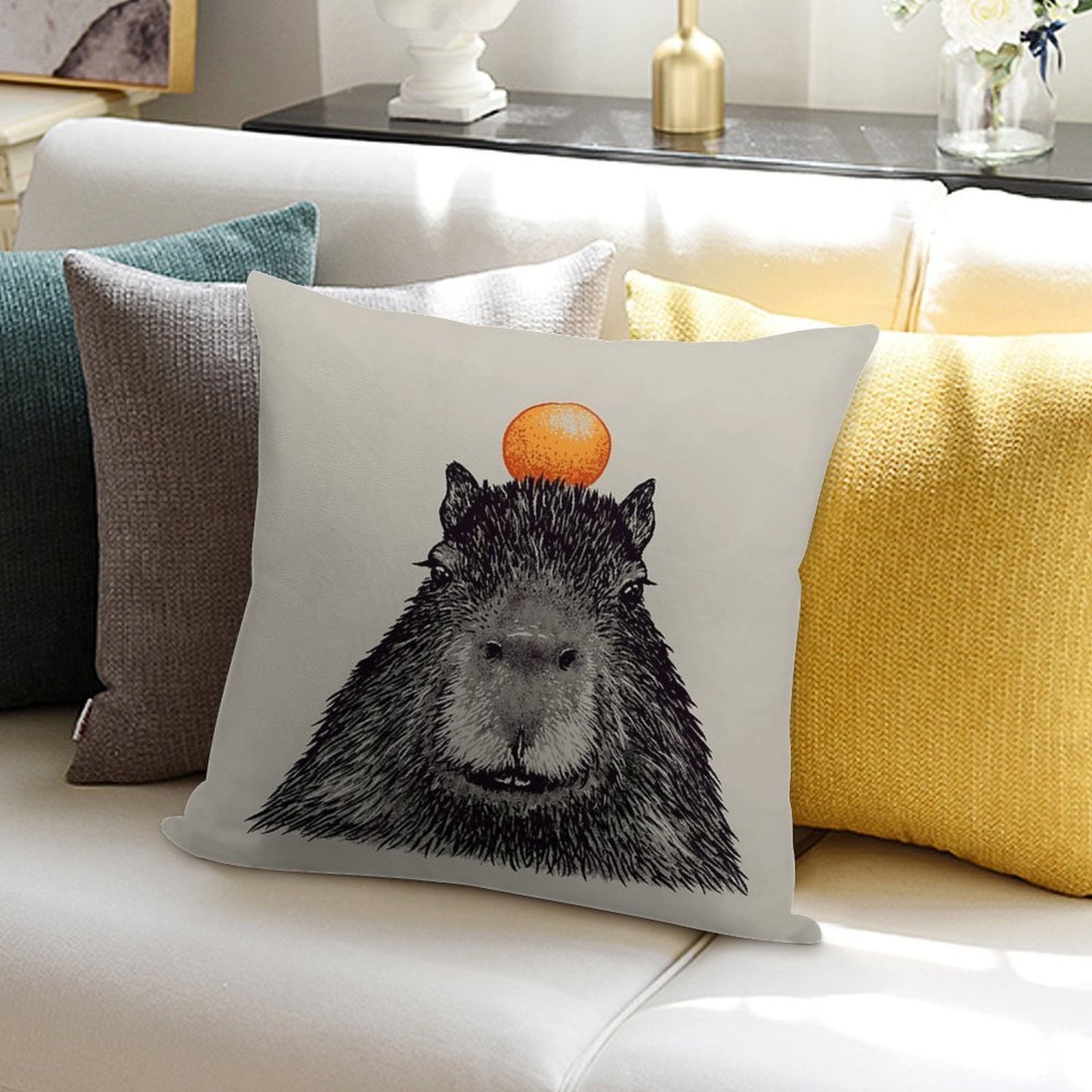 Capybara  Orange  Capy Yuzu  Capybara with Orange on Head  His Name - Gort  Portrait Soft Fade-Resistant Throw Pillow