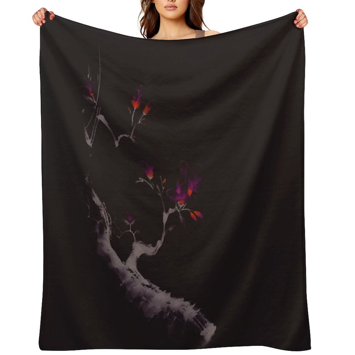 Enchanting Oriental Artwork of A Budding Sakura Branch with Deep Violet Flowers Art Print Throw Blanket