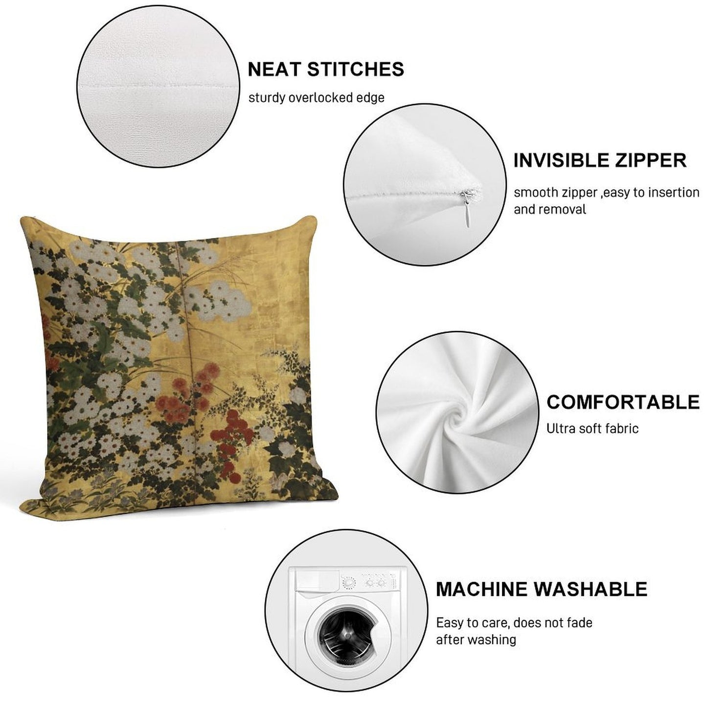White Red Chrysanthemums Floral Japanese Gold Screen Print Soft Reinforced Edging Throw Pillow