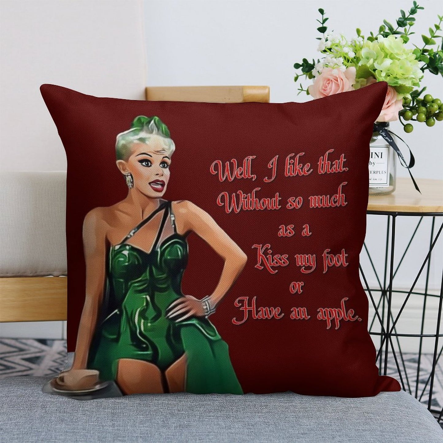 White Christmas - Kiss My Foot Or Have An Apple - Red Linen Throw Pillow Cover