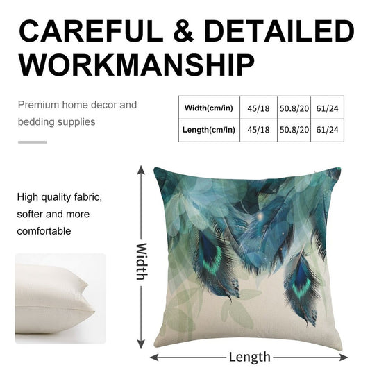 Peacock Feathers Turquoise Linen Throw Pillow Cover