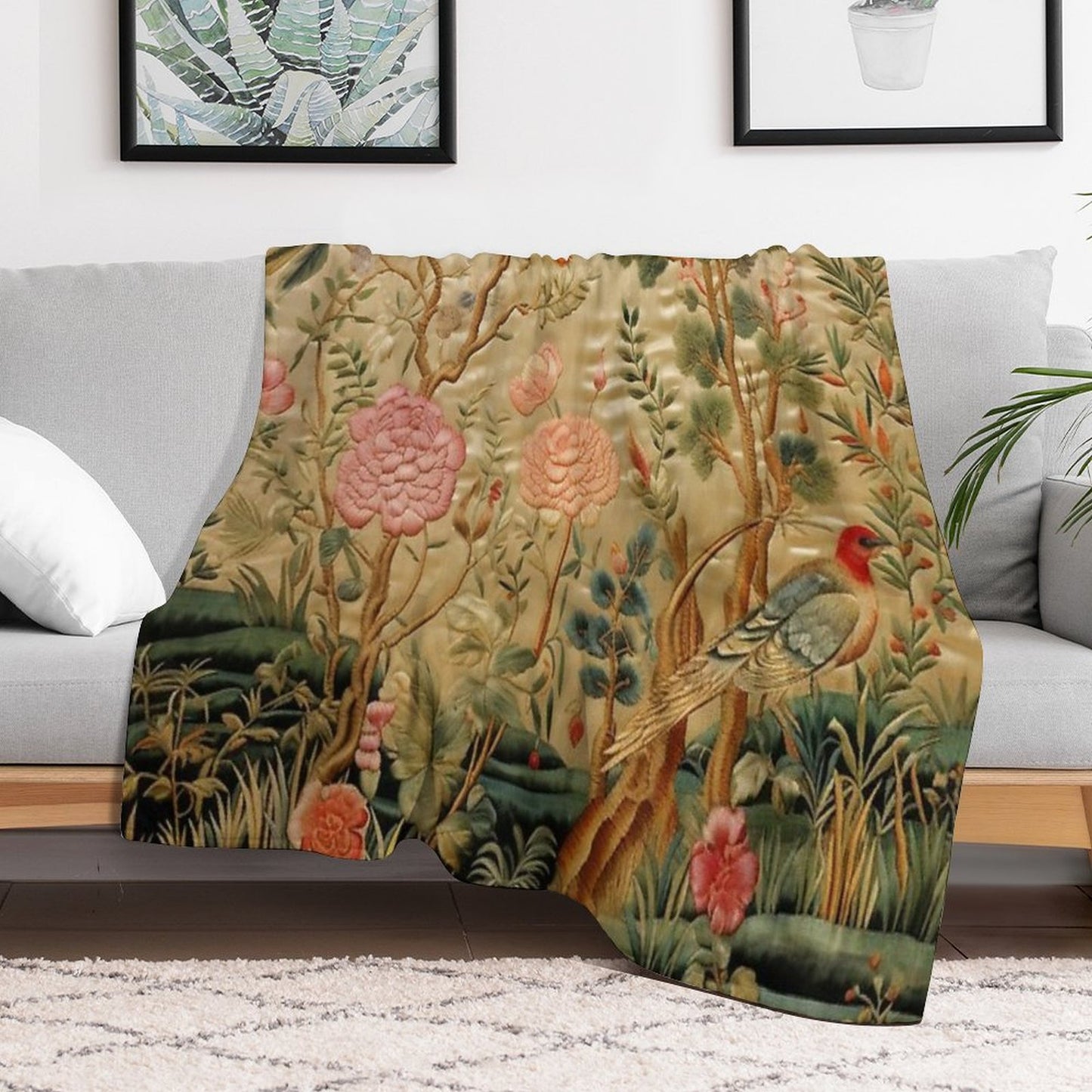 Silk Floral Birds Carpet Throw Blanket
