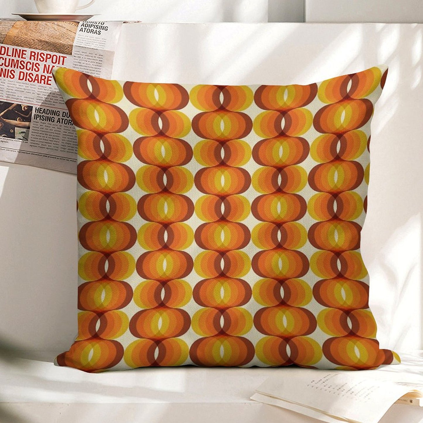 Orange, Brown, And Ivory Retro 1960s Wavy Pattern Linen Throw Pillow Cover