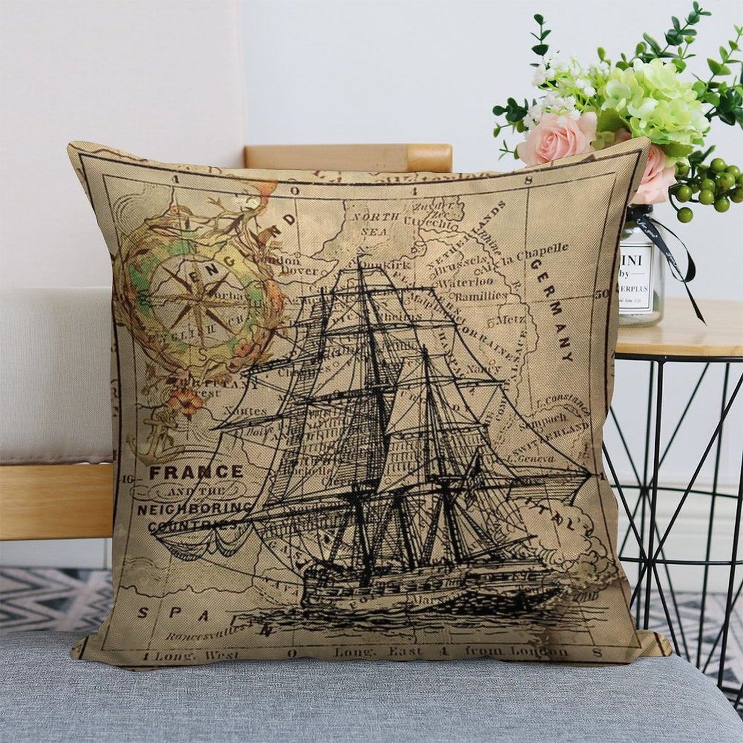 Dark Academia Vintage Pirate Ship Sailor Antique World Map Linen Throw Pillow Cover