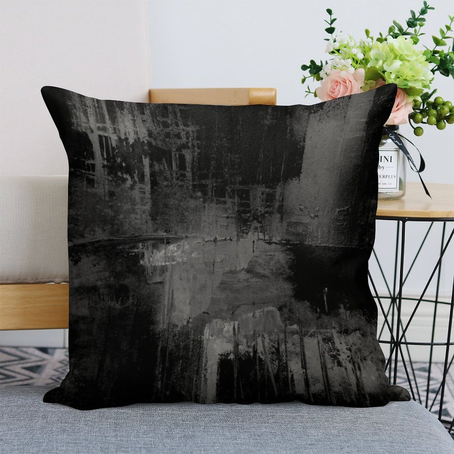 Black Gray Abstract Linen Throw Pillow Cover