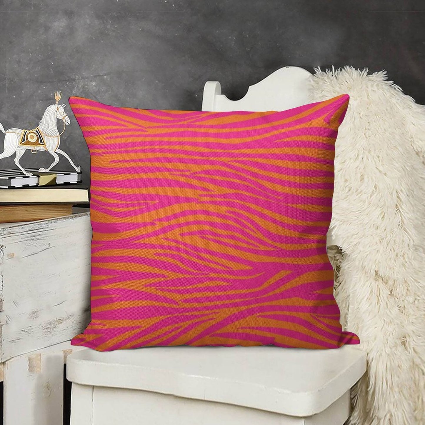 Pink And Orange Zebra Stripes Linen Throw Pillow Cover