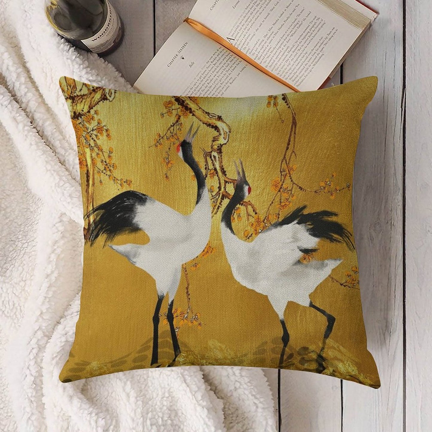 Golden Cranes Japanese Art Linen Throw Pillow Cover