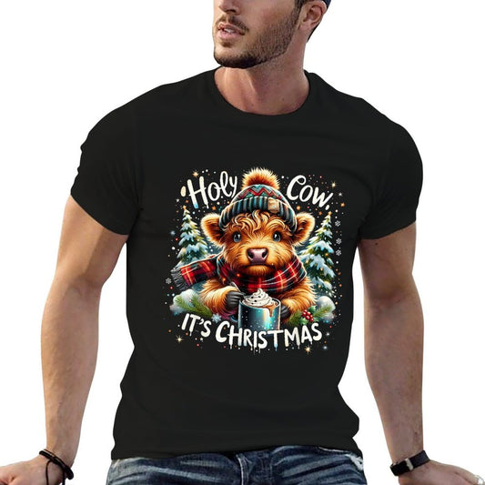 Holy Cow It’s Christmas Funny Cozy Farm Design HighlandCow Polyester Blend T-Shirt