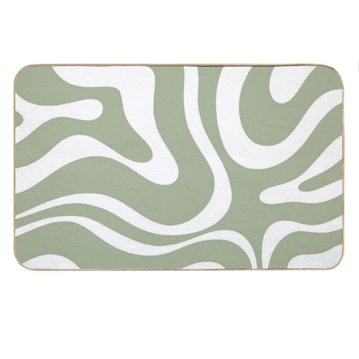 Retro Modern Liquid Swirl Abstract Pattern Square in Sage Green And White Bath Mat