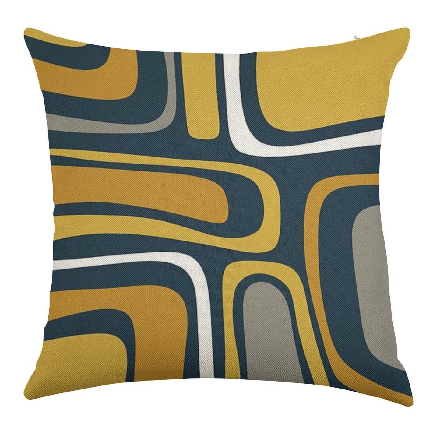 Palm Springs Mid-Century Modern Abstract Pattern in Light And Dark Mustard, Gray, And White on Navy Blue Linen Throw Pillow Cover