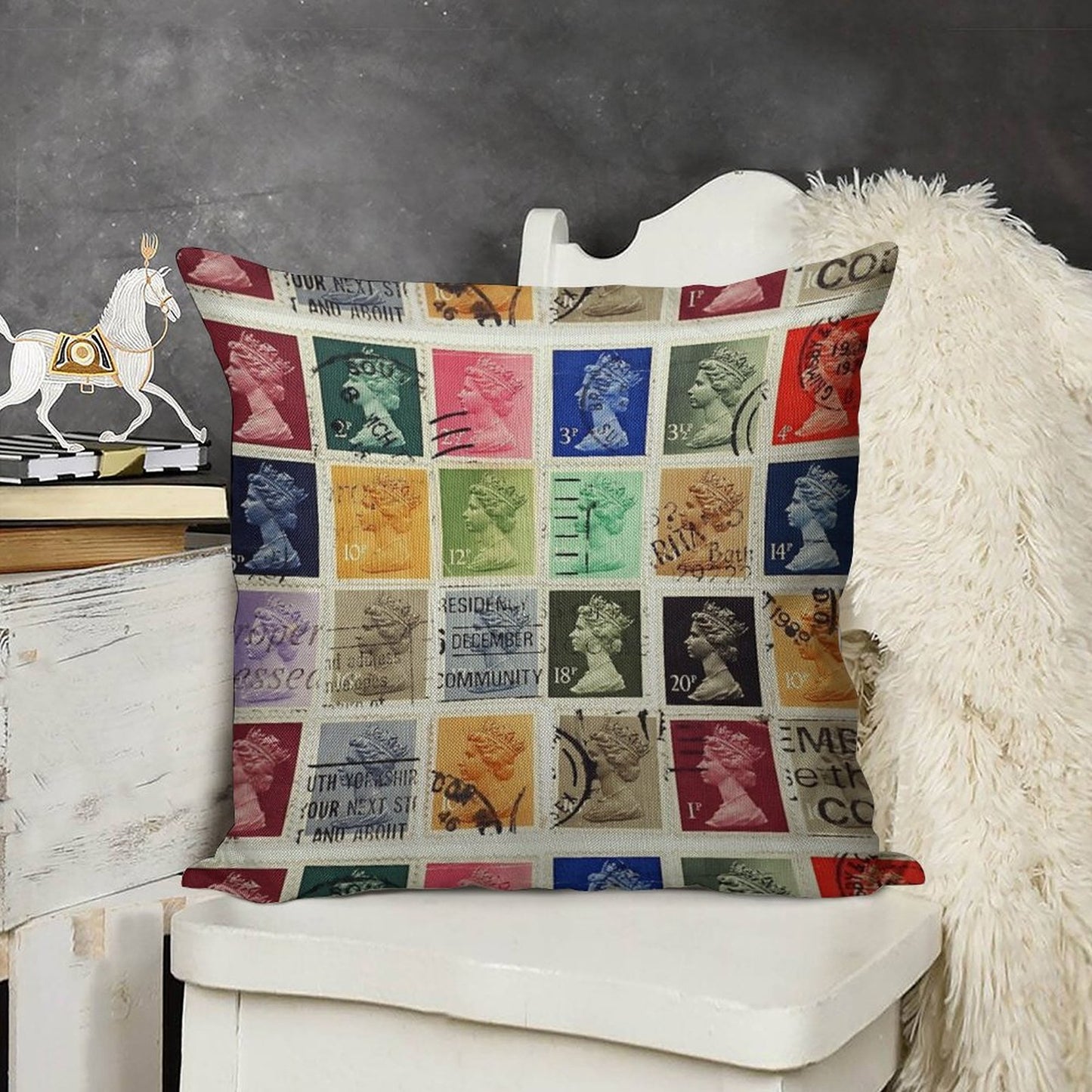 British Postage Stamps with A Queen Elizabeth Profile. Linen Throw Pillow Cover