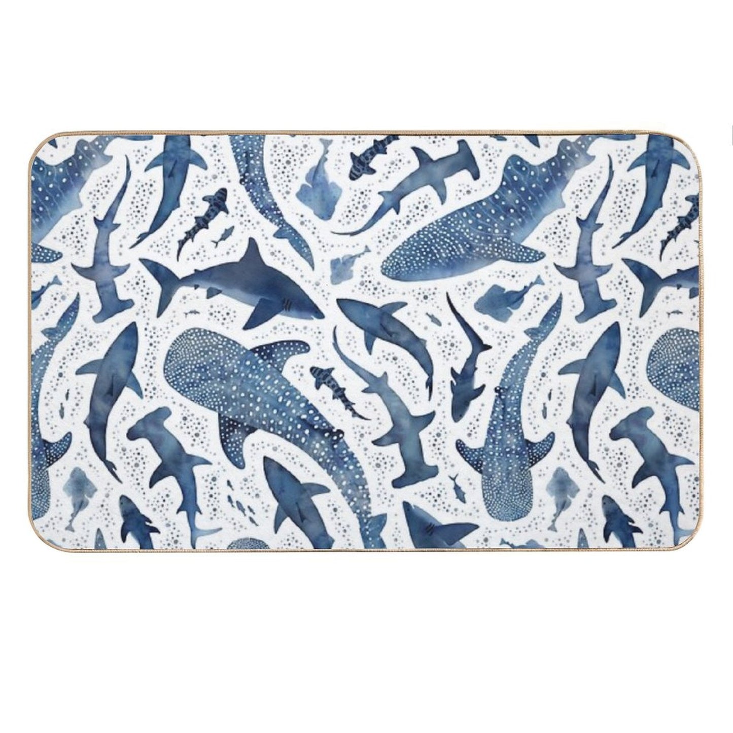 Monochrome Blue Watercolour Shark Ocean on White Bath Mat