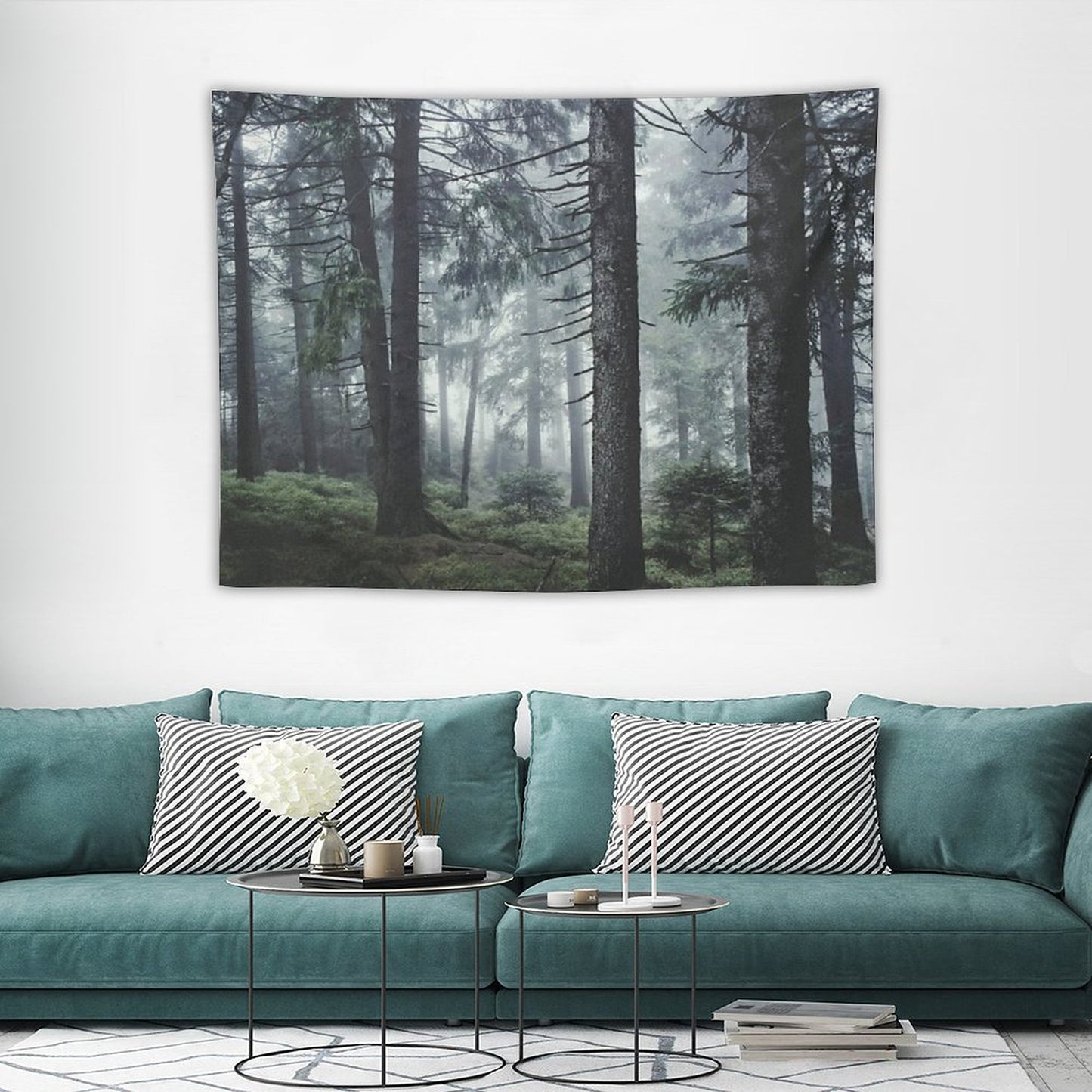 Path Vibes Wild Romantic Misty Retro Fall Wilderness Fairytale Forest With Cascadia Trees Covered In Magic Blue Fog Season Tapestry