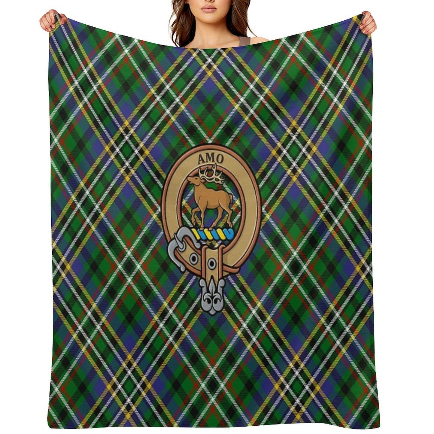 Clan Scott Crest over Green Tartan Throw Blanket