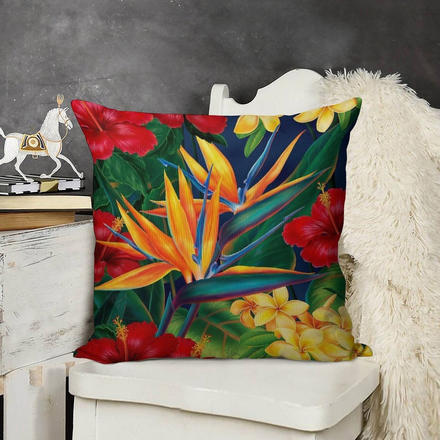 Tropical Paradise Hawaiian Birds of Paradise Illustration Linen Throw Pillow Cover