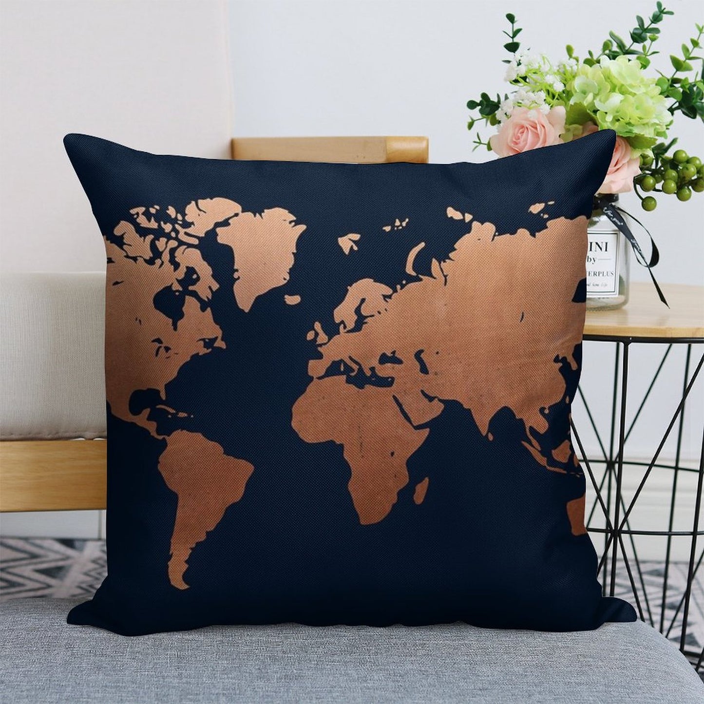 World Map - Navy Blue And Copper Linen Throw Pillow Cover