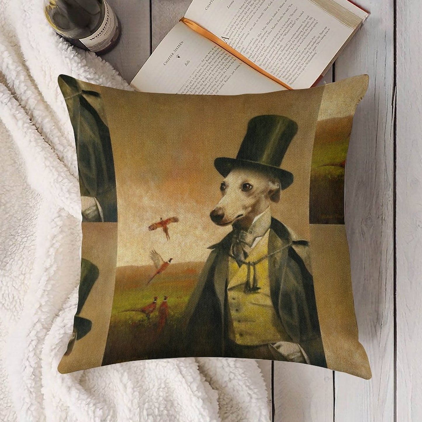 Victorian Whippet Linen Throw Pillow Cover