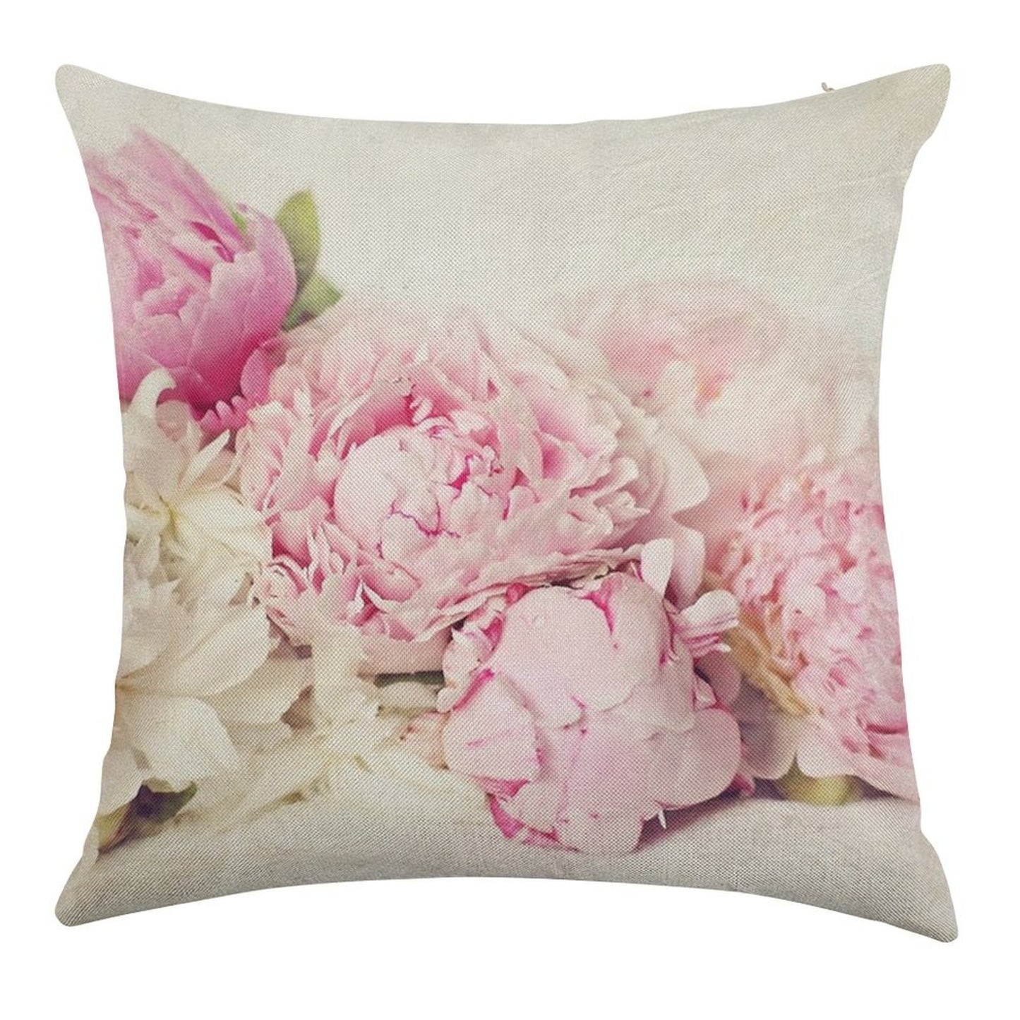 Peonies on White Linen Throw Pillow Cover