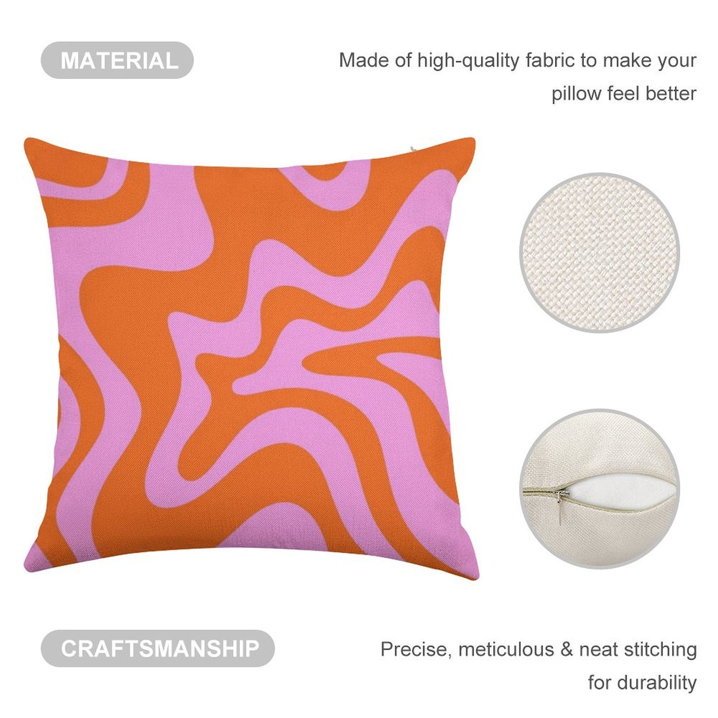 Retro Liquid Swirl Abstract Pattern Square in Hot Pink And Red-Orange Linen Throw Pillow Cover