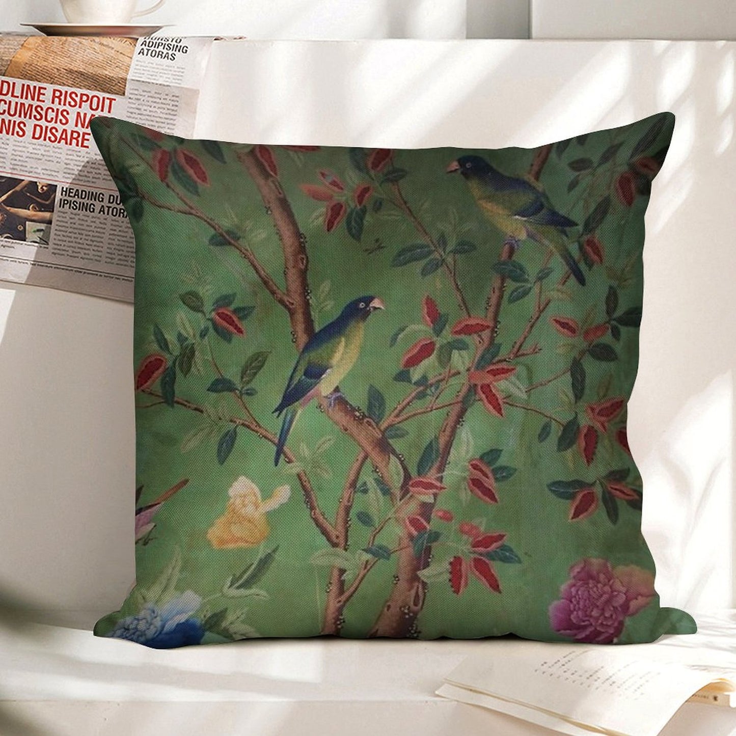 Green Dream Chinoiserie Linen Throw Pillow Cover