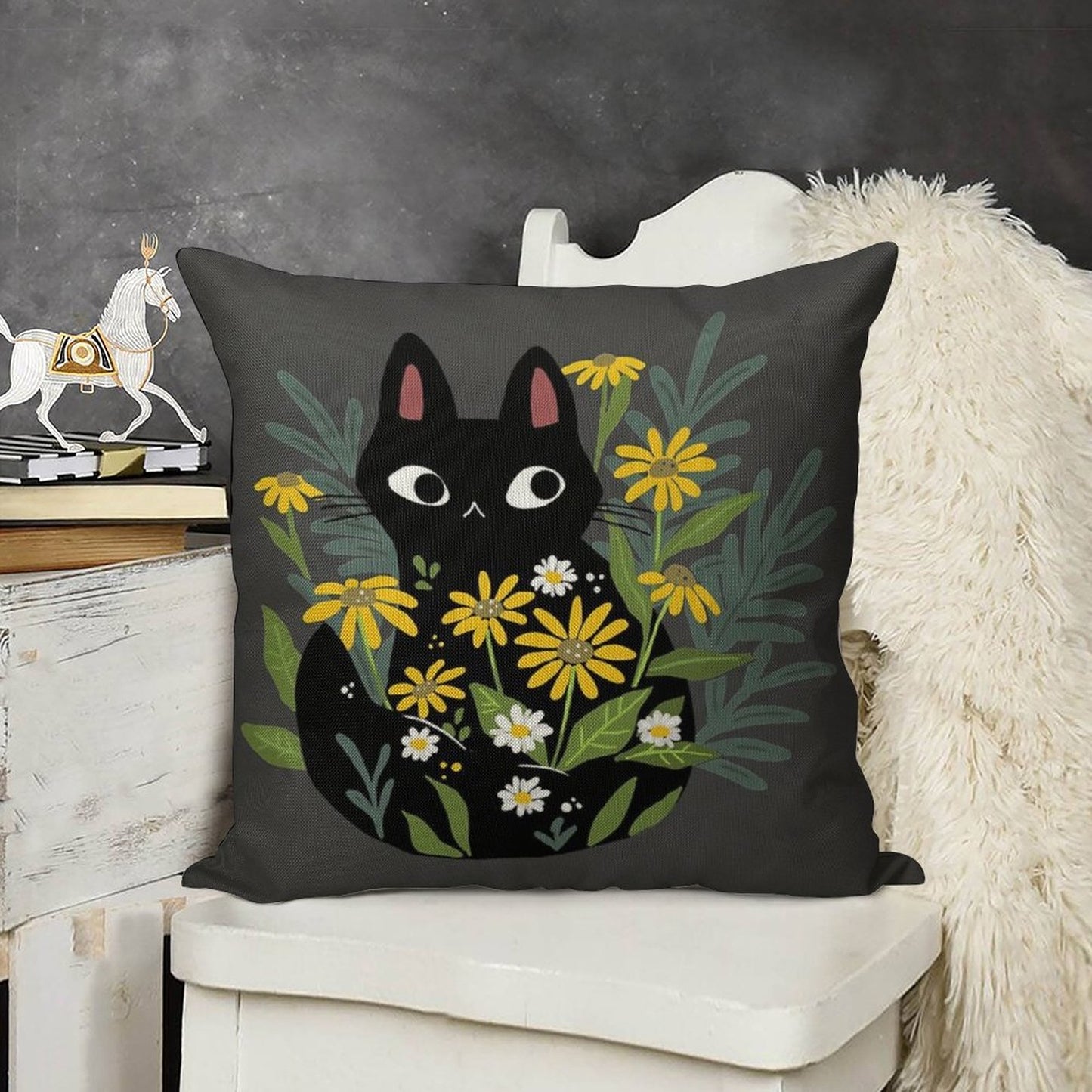 Black Cat with Flowers Linen Throw Pillow Cover