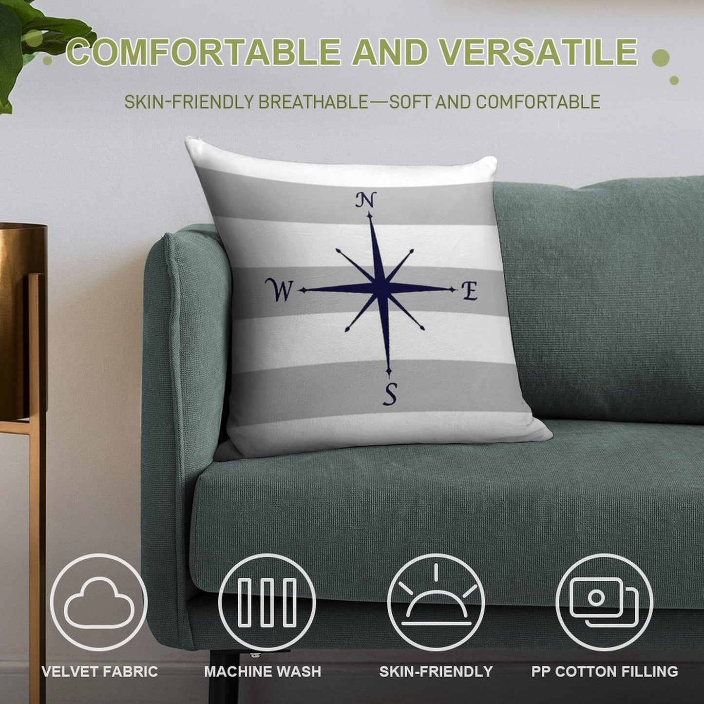 Nautical Navy Blue Compass On Silver Gray And White Stripes Soft Washable Throw Pillow
