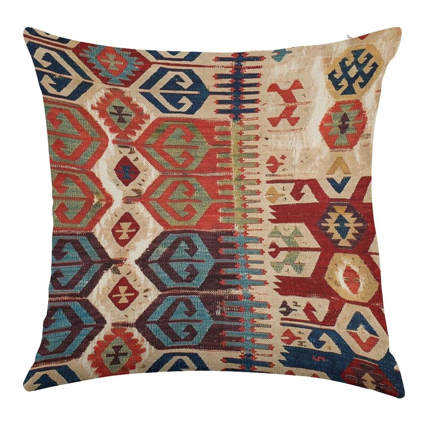 Aksaray Tribal Antique Turkish Kilim Print Linen Throw Pillow Cover