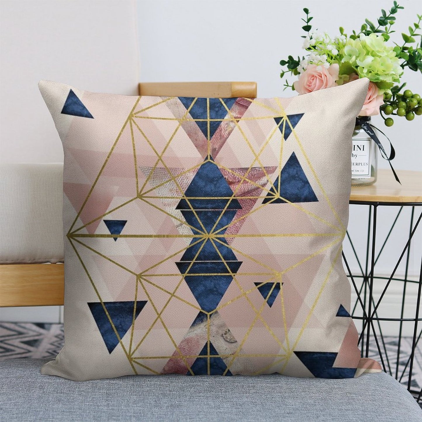 Blush Pink And Navy Geometric Linen Throw Pillow Cover