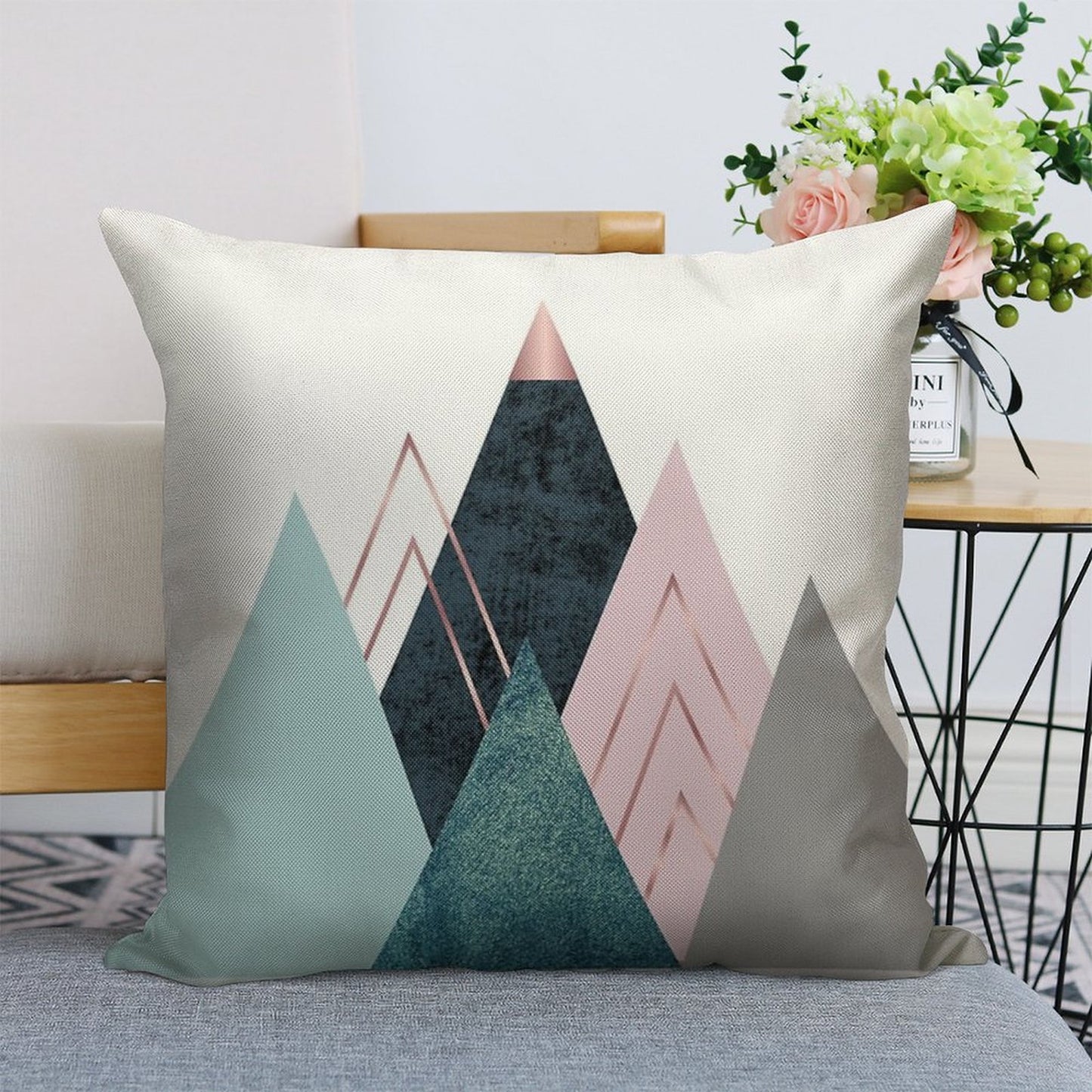 Abstract Minimalist Mountain - Pink, Teal And Blue Linen Throw Pillow Cover