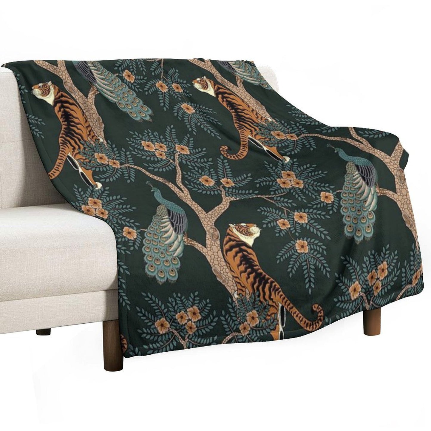Vintage Tiger And Peacock in The Jungle Throw Blanket