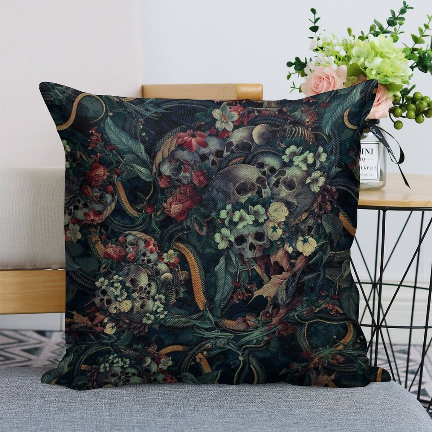 Skulls And Snakes Linen Throw Pillow Cover
